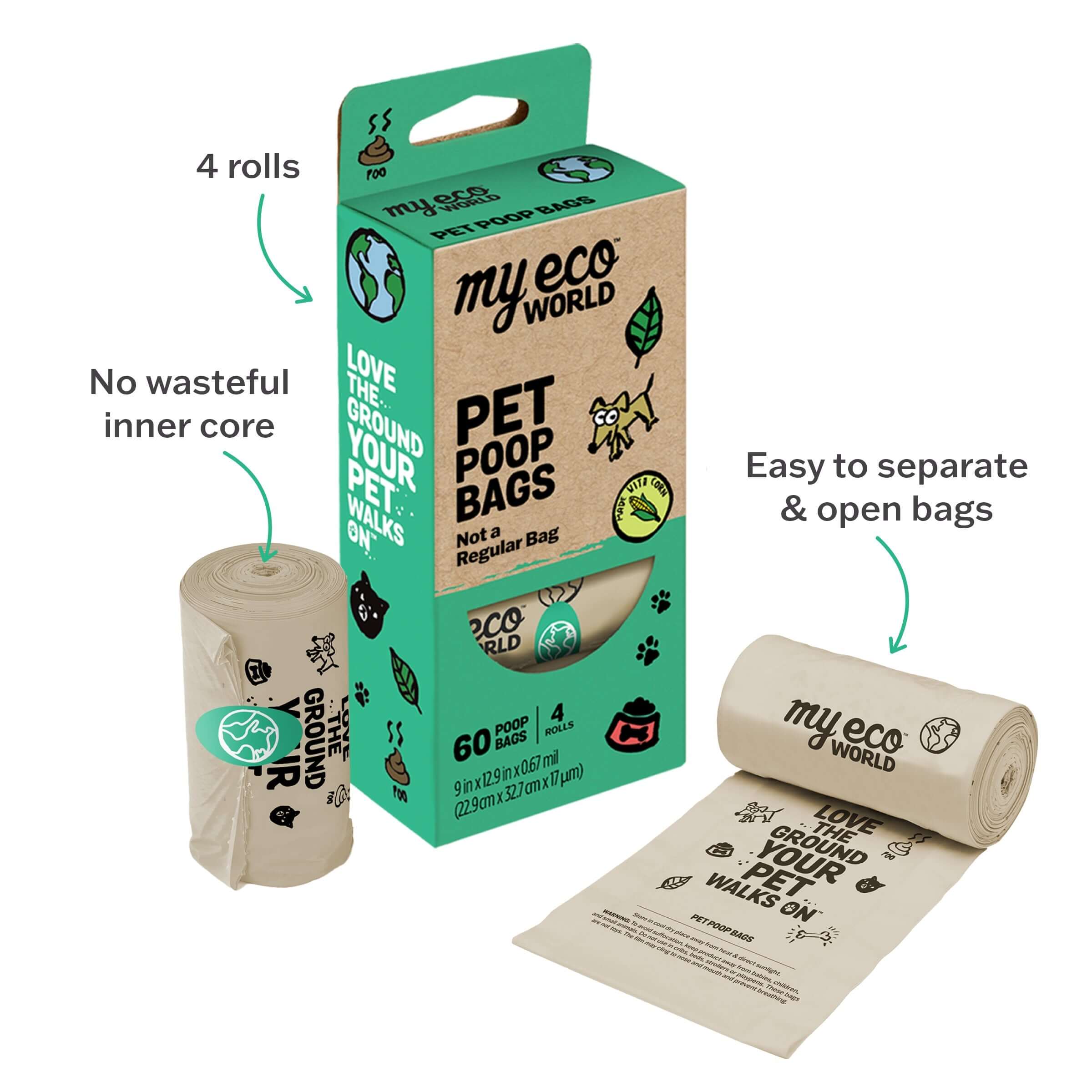 MyEcoWorld poop bag box with poop bags next to it.