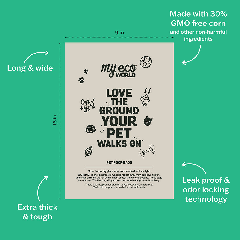 This image showcases MyEcoWorld® pet poop bags, with dimensions of 9 inches in width and 13 inches in length. Made with 30% GMO-free corn and other non-harmful ingredients, the bags emphasize their eco-conscious design. They are extra thick and tough, featuring leak-proof and odor-locking technology, ensuring reliable and clean disposal of pet waste. The tagline "Love the Ground Your Pet Walks On" emphasizes the environmentally friendly nature of the product. Pet poop bags, compostable waste bags.