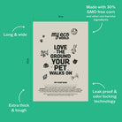 This image showcases MyEcoWorld® pet poop bags, with dimensions of 9 inches in width and 13 inches in length. Made with 30% GMO-free corn and other non-harmful ingredients, the bags emphasize their eco-conscious design. They are extra thick and tough, featuring leak-proof and odor-locking technology, ensuring reliable and clean disposal of pet waste. The tagline "Love the Ground Your Pet Walks On" emphasizes the environmentally friendly nature of the product. Pet poop bags, compostable waste bags.