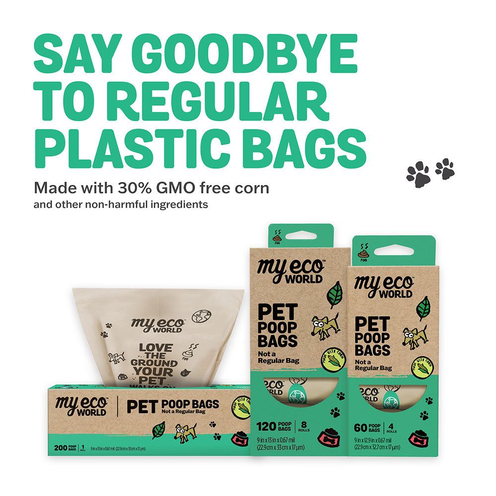 MyEcoWorld® pet poop bags with the prominent tagline "Say Goodbye to Regular Plastic Bags." The packaging highlights that these bags are made with 30% GMO-free corn and other non-harmful ingredients, emphasizing their compostable and sustainable qualities. The packaging designs display the different sizes and quantities of the poop bags, with clear branding and eco-conscious messaging. Keywords: compostable pet waste bags, GMO-free, plastic alternative, sustainable poop bags, compostable waste bags.