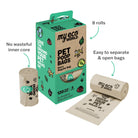 MyEcoWorld poop bag box with poop bags next to it.
